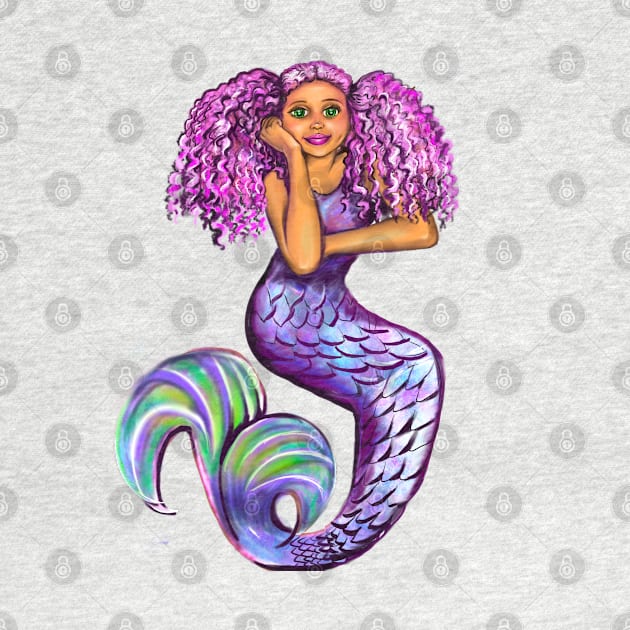 mermaid with pink hair, green eyes and caramel brown skin #002. Black mermaid by Artonmytee